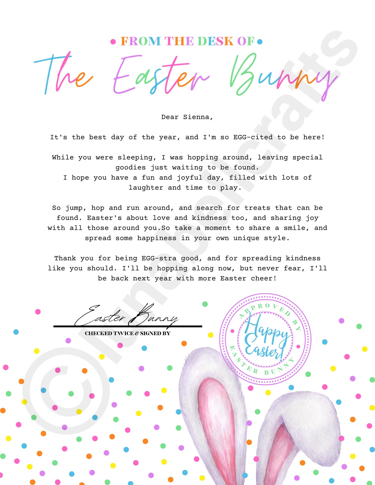 Personalised letter from the Easter bunny - 1pc - A4 size - 180GSM card