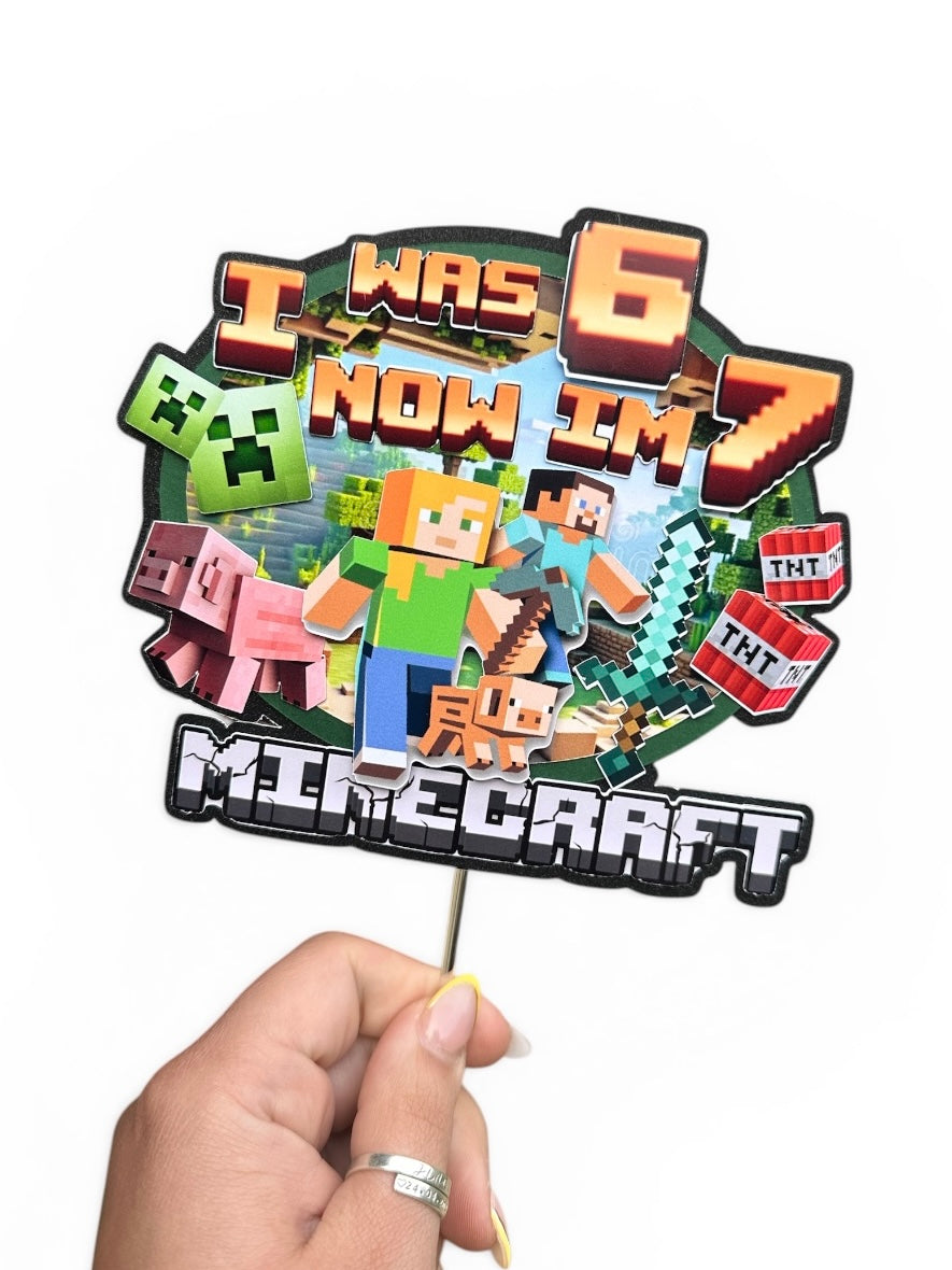 Minecraft Inspired 6/7 theme Cake Topper | I Was 6 Now I’m 7 | Gamer Birthday Cake Decoration | Kids Party Cake Topper