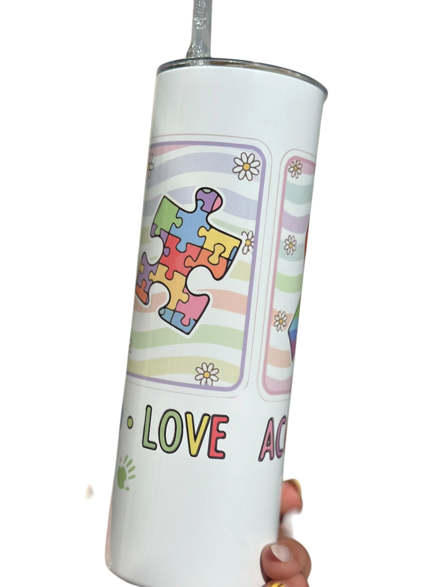 Autism Awareness Tumbler – “Accept Understand Love” Rainbow Travel Cup | Neurodiversity Gift | Insulated Coffee Cup with Straw