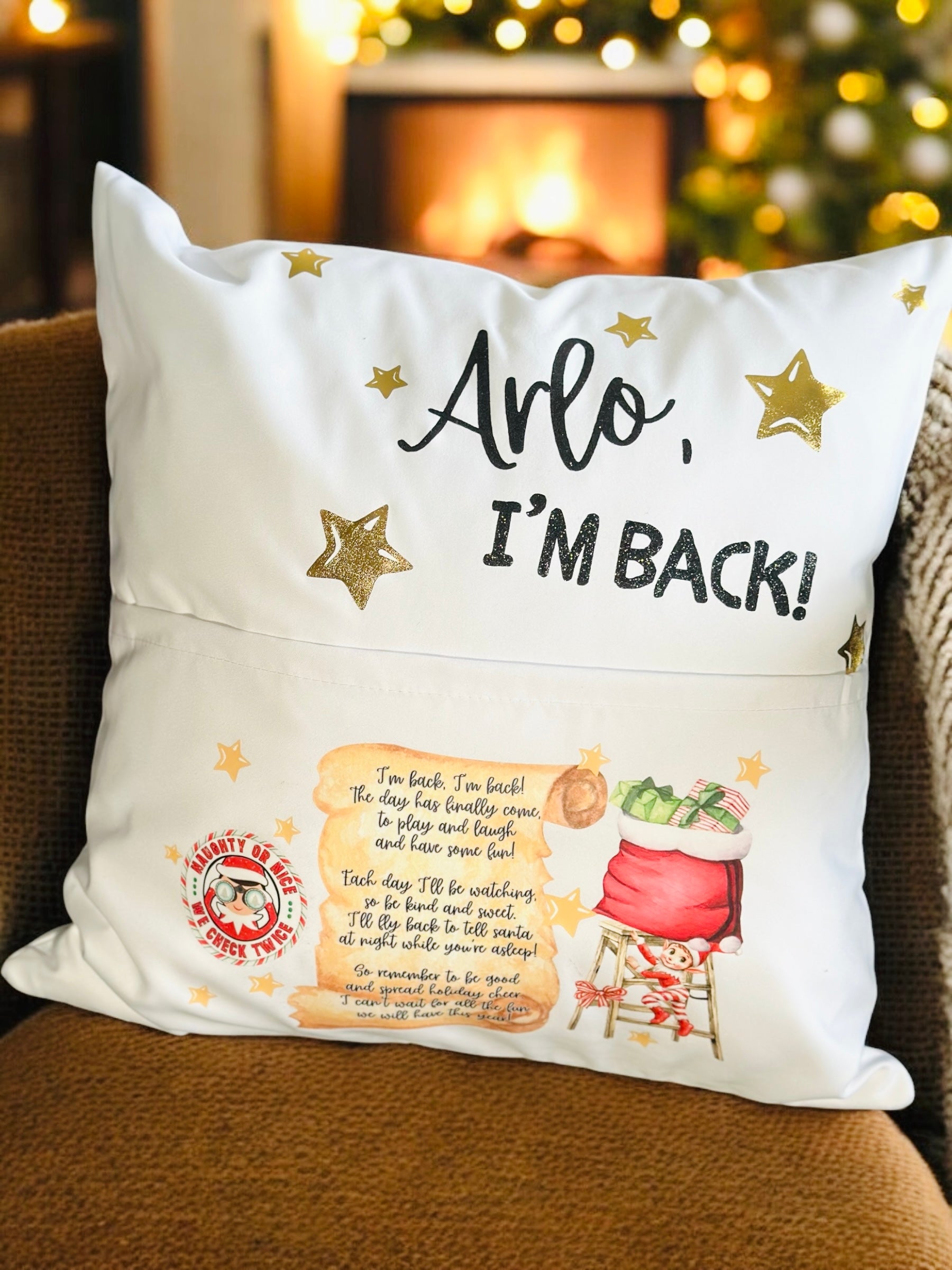 PERSONALISED ELF ARRIVAL CUSHION insert cover 40cm x 40cm