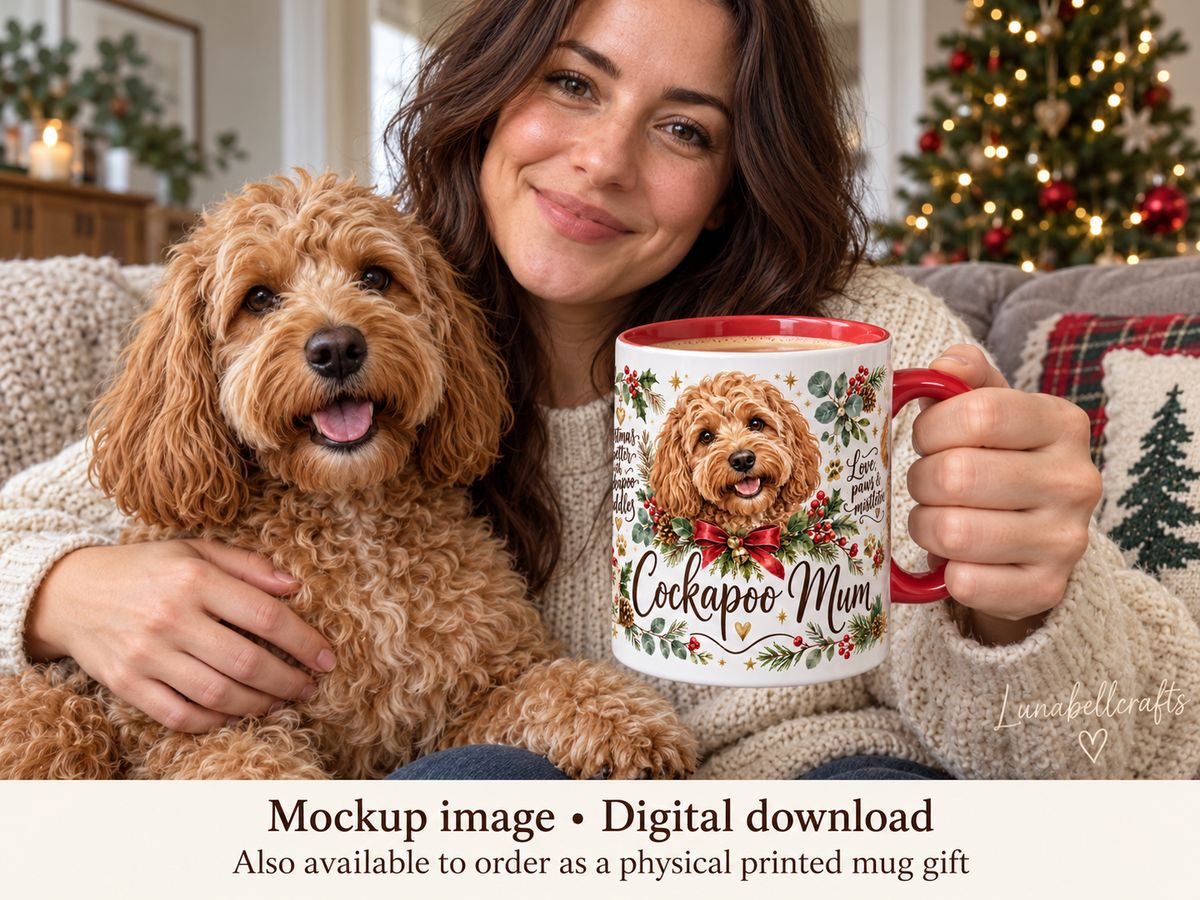Christmas dog mug mockup; physical mug sold separately