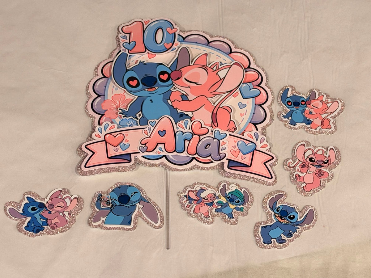 Personalised Stitch & Angel Birthday Cake Topper – matching set