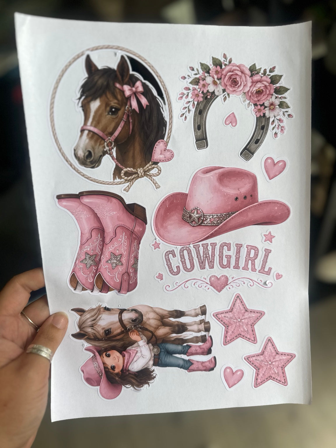 Pink cowgirl and horse themed A4 glossy sticker sheet