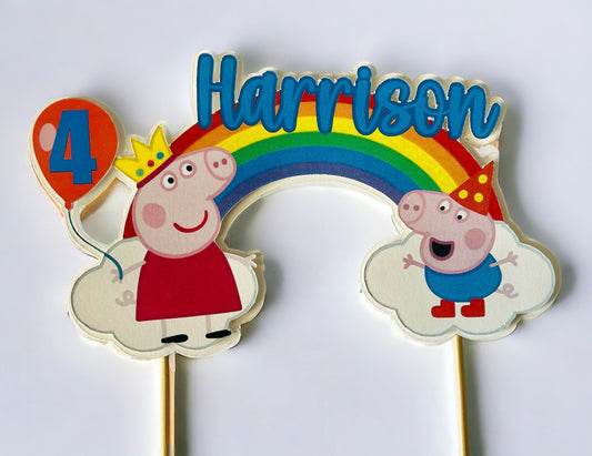 Peppa & George rainbow birthday cake topper with personalised name and age