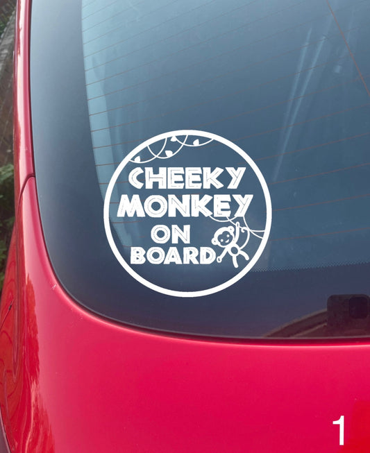 Cheeky monkey / baby on board car safety sticker decals 15cm x 15cm