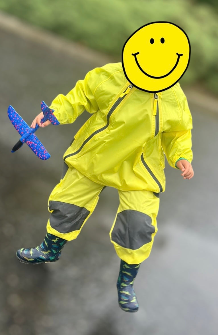 Karbon Kids' Waterproof Puddle Suit - Yellow/green Playsuit with Dual Zippers & Elastic Cuffs for Children 2-4 years