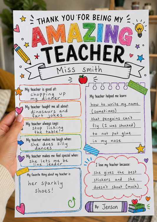Personalised A4 Funny Teacher Keepsake Board | Thank You Teacher Gift | Fill-In Memory Board | End of Year School Leavers Present
