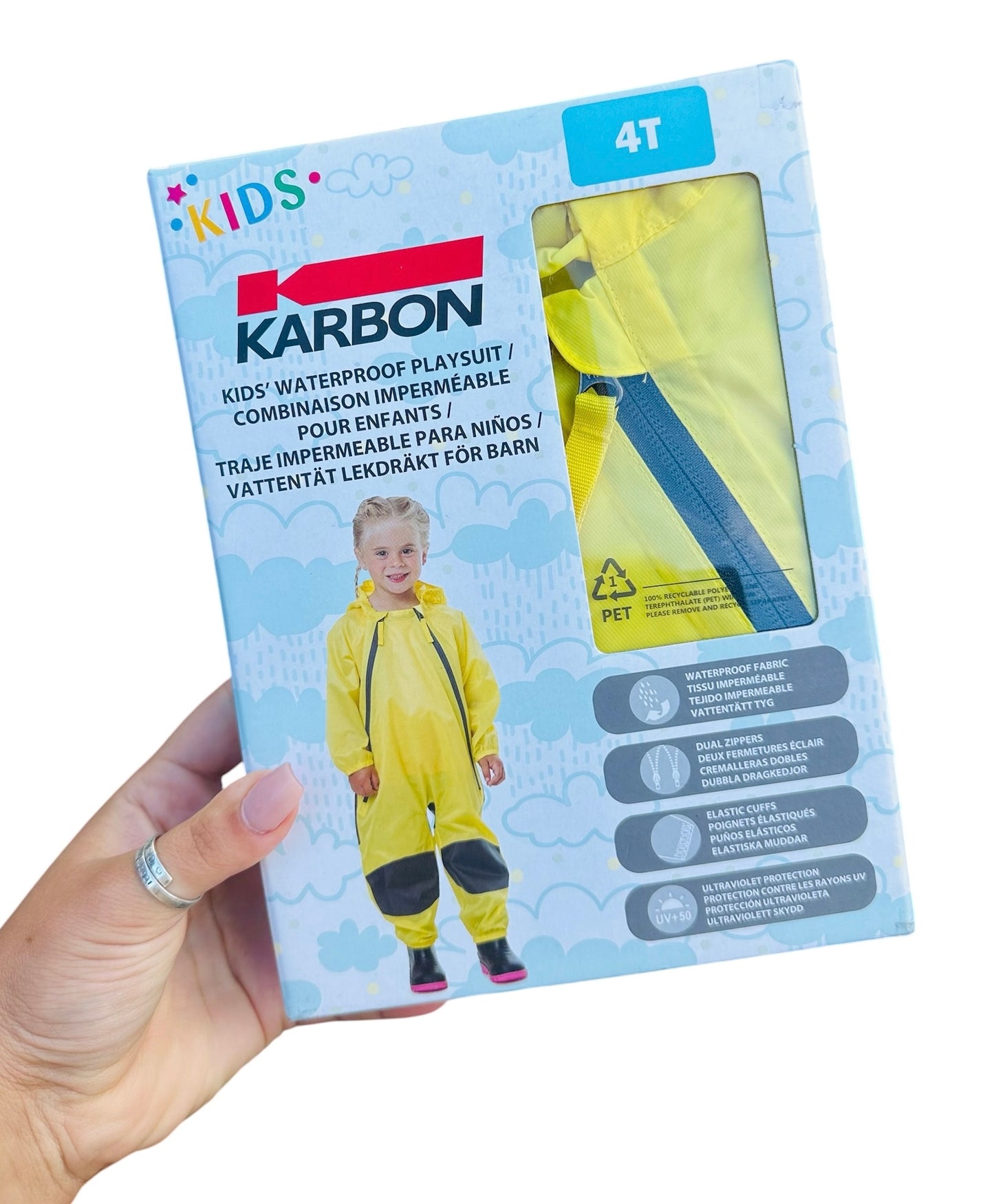 Karbon Kids' Waterproof Puddle Suit - Yellow/green Playsuit with Dual Zippers & Elastic Cuffs for Children 2-4 years
