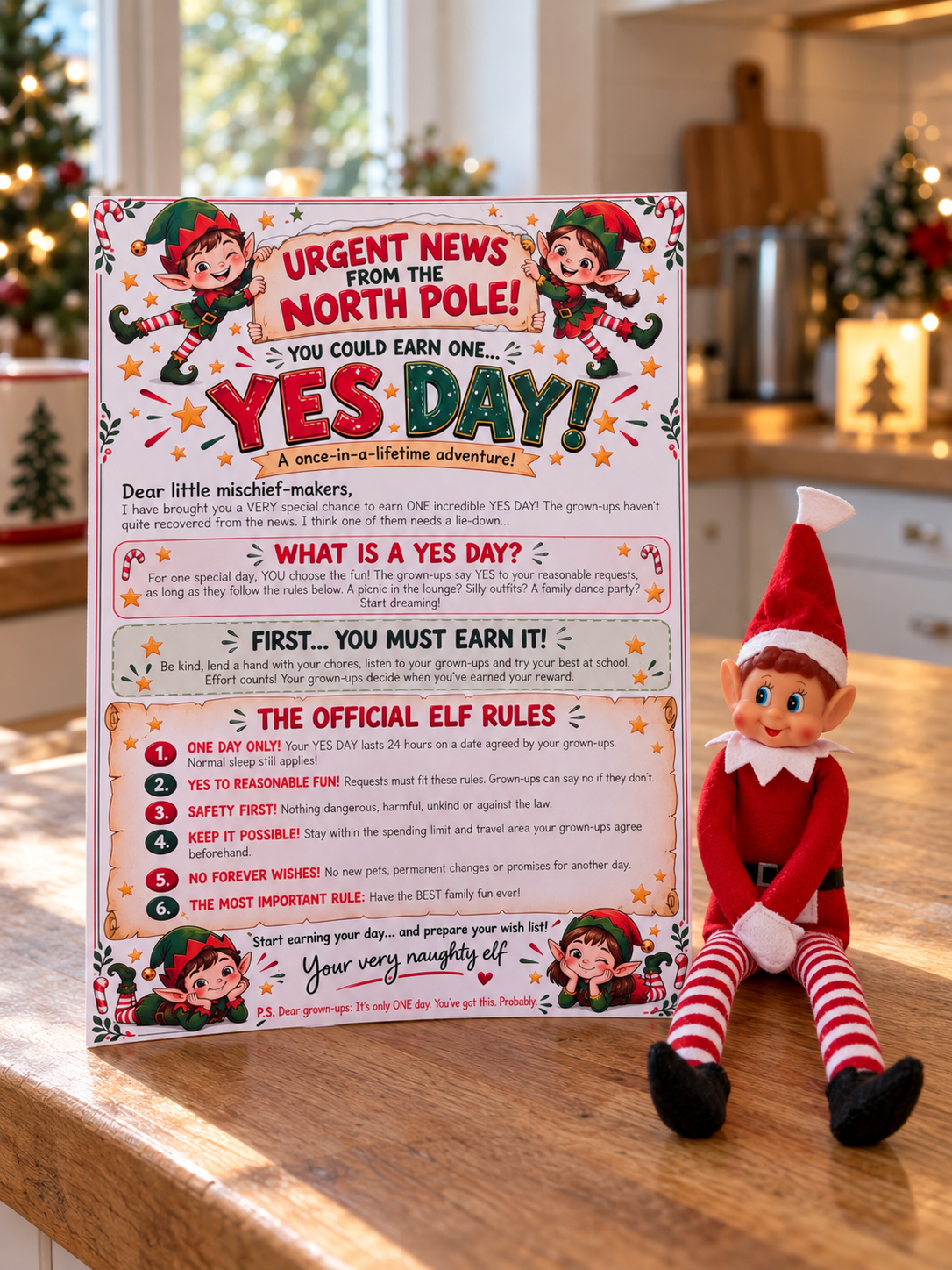 Elf Kids Yes Day Poster – Funny Christmas Elf Surprise - naughty elf ideas