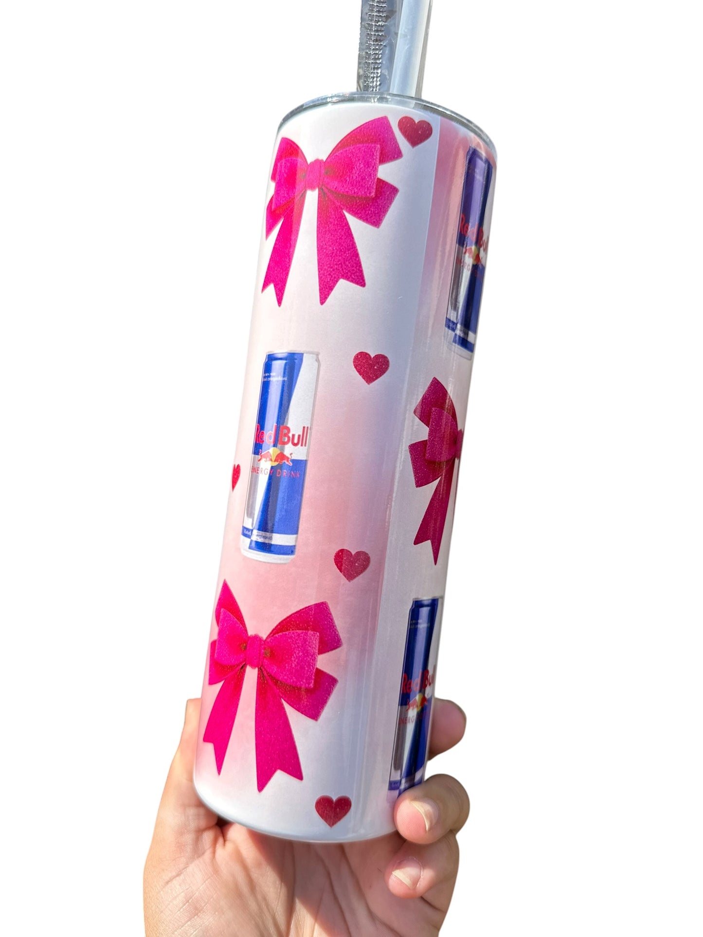 Personalised Red Bull Inspired 20oz Tumbler | Pink Bow Thermal Cup | Custom Name Insulated Travel tumbler
