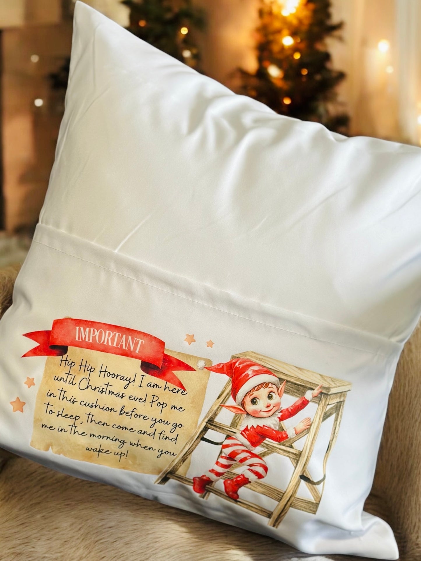 PERSONALISED ELF ARRIVAL CUSHION (insert + cover) 40cm x 40cm