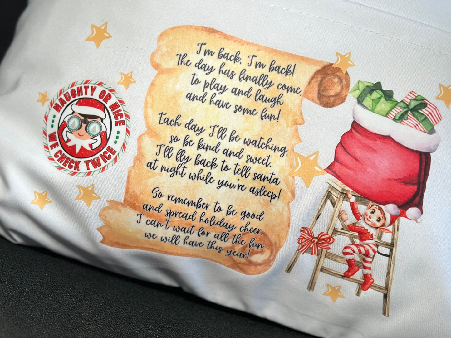 PERSONALISED ELF ARRIVAL CUSHION (insert + cover) 40cm x 40cm