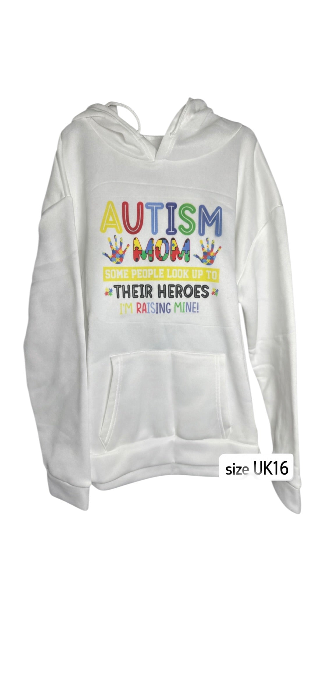 Autism Mom Hoodie UK 16 – Colourful Puzzle Design – Autism Awareness Sweatshirt – “I’m Raising Mine” – White Pullover