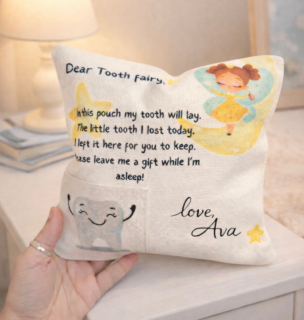 Personalised Tooth Fairy Pillow with Tooth Pocket | 8x8 inch Tooth Fairy Cushion