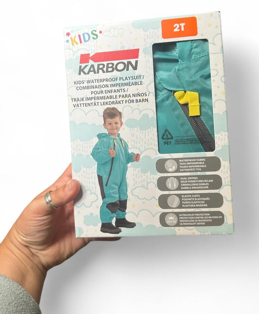 Karbon Kids' Waterproof Puddle Suit - Yellow/green Playsuit with Dual Zippers & Elastic Cuffs for Children 2-4 years