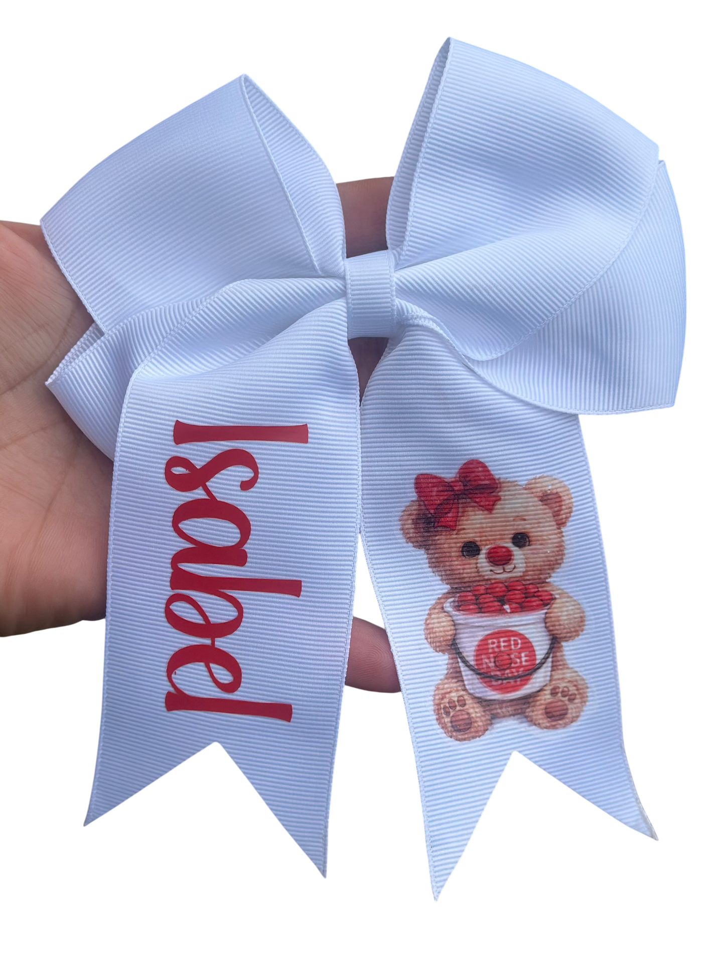 PERSONALISED CLIP IN RED NOSE DAY HAIR BOW (6 inch)