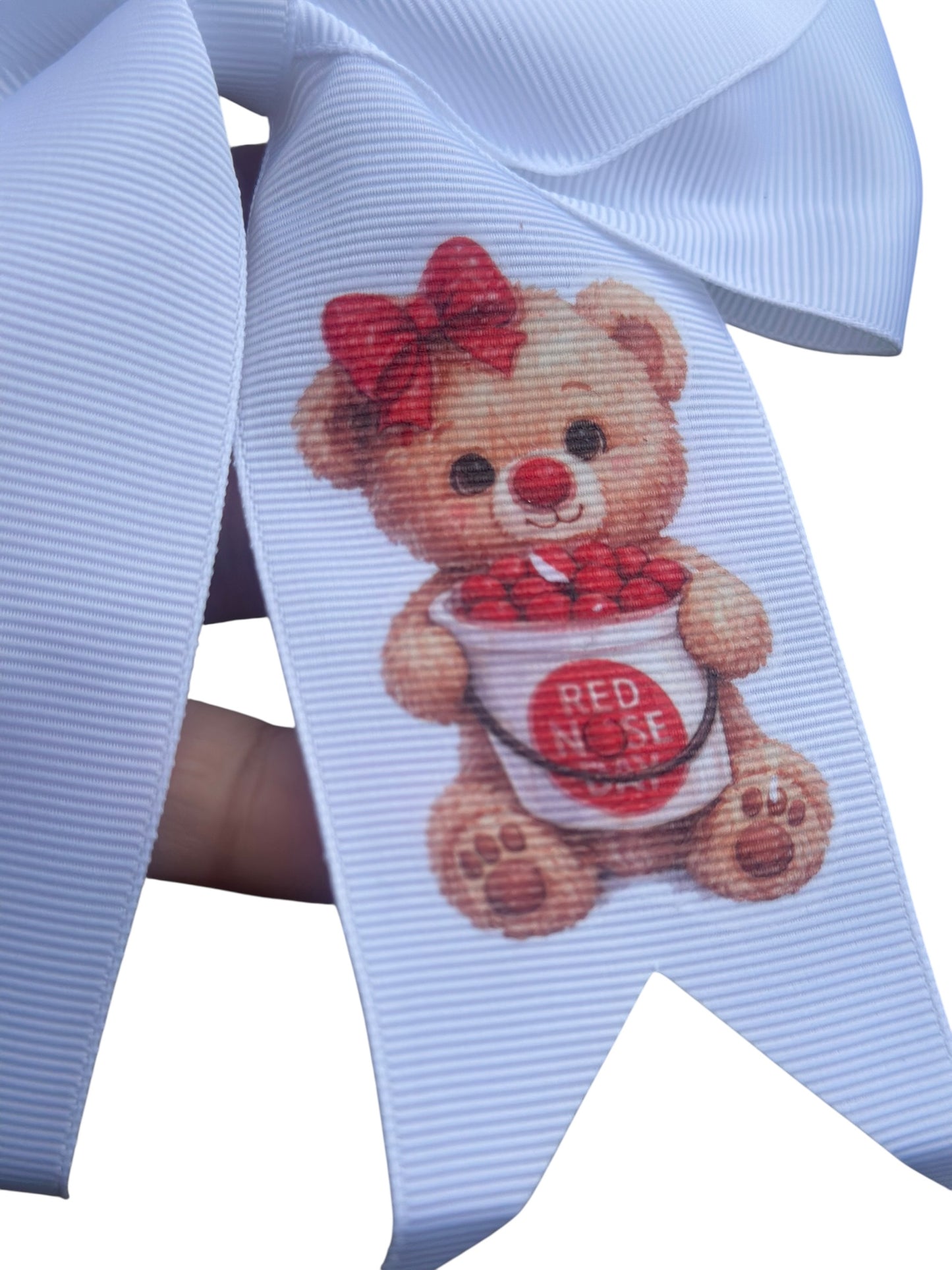 PERSONALISED CLIP IN RED NOSE DAY HAIR BOW (6 inch)