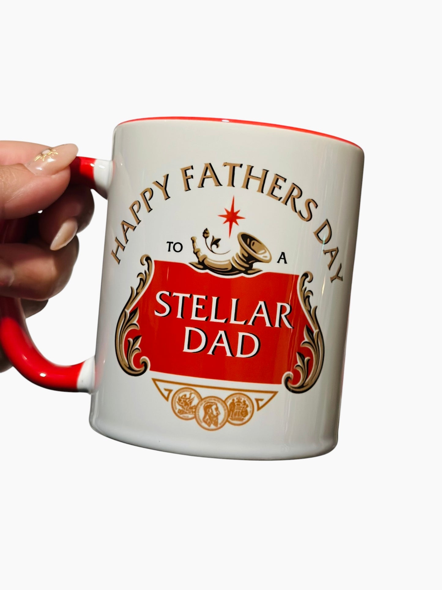 Personalised Father’s Day Mug – Stella Style “Best Daddy / Stellar Dad” Custom Name – 11oz Red & White Coffee Cup – Gift for Dad Beer Lover