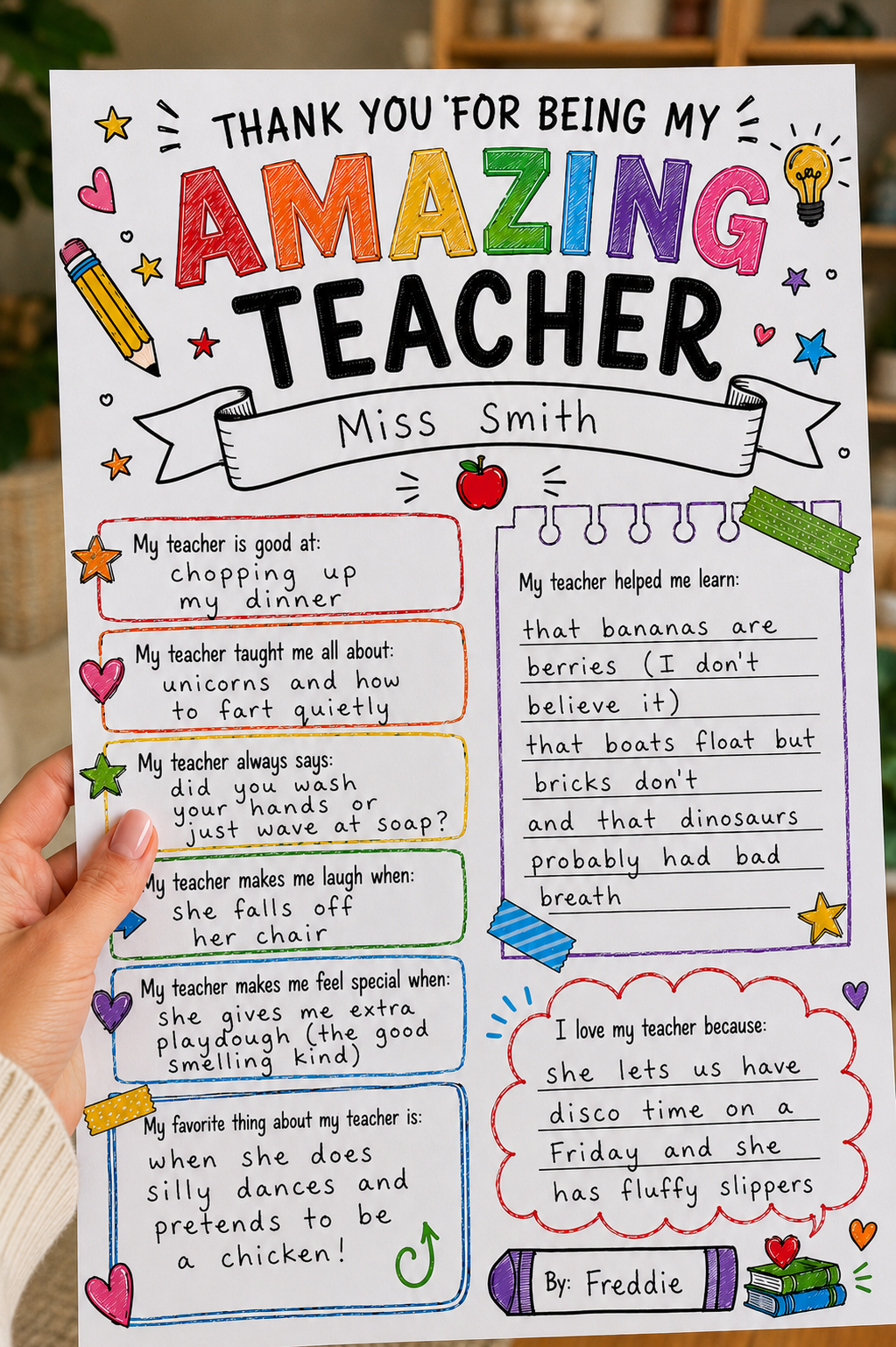 Personalised A4 Funny Teacher Keepsake Board | Thank You Teacher Gift | Fill-In Memory Board | End of Year School Leavers Present