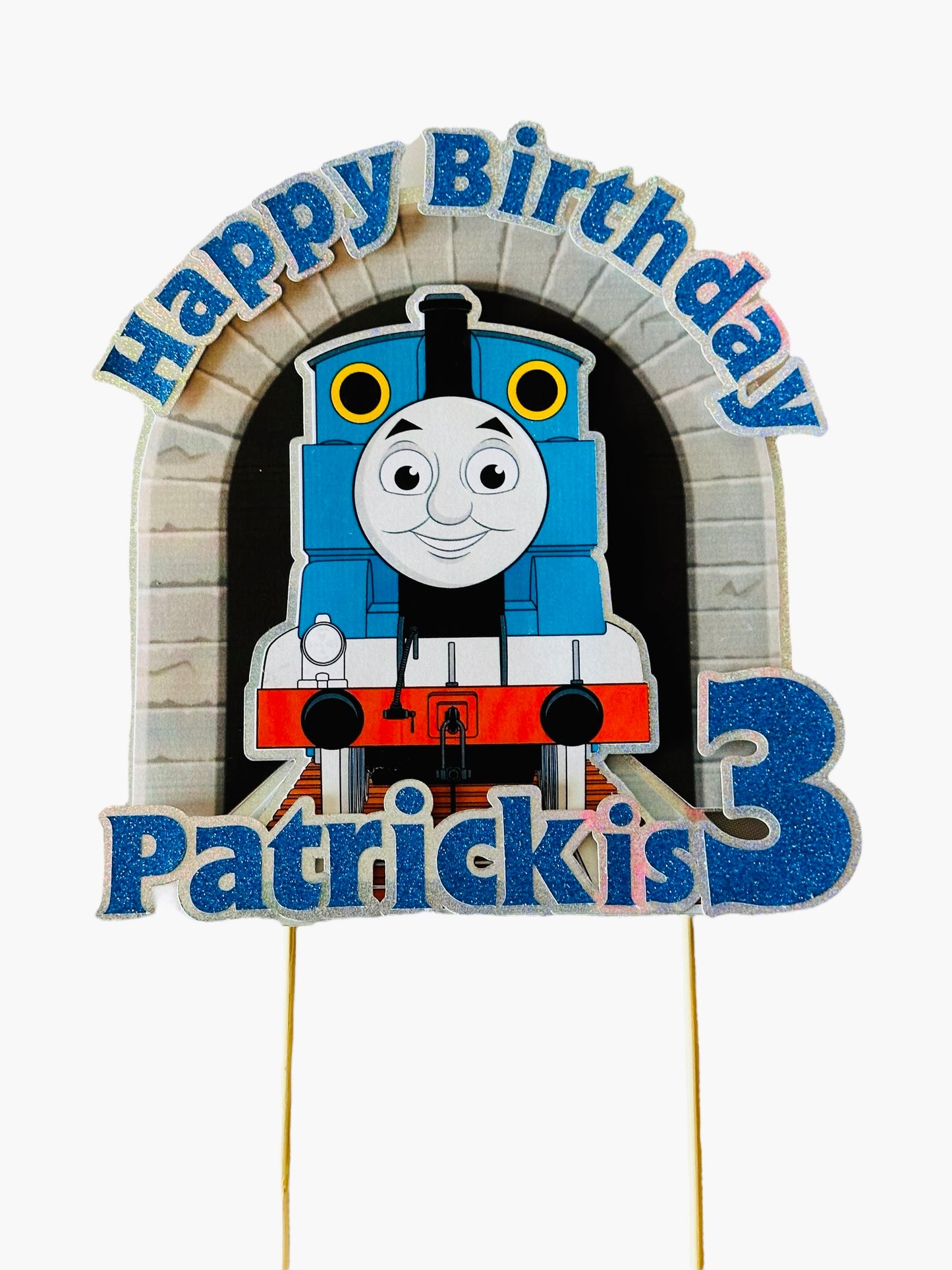 Triple layered 3D personalised Thomas Cake topper with custom age