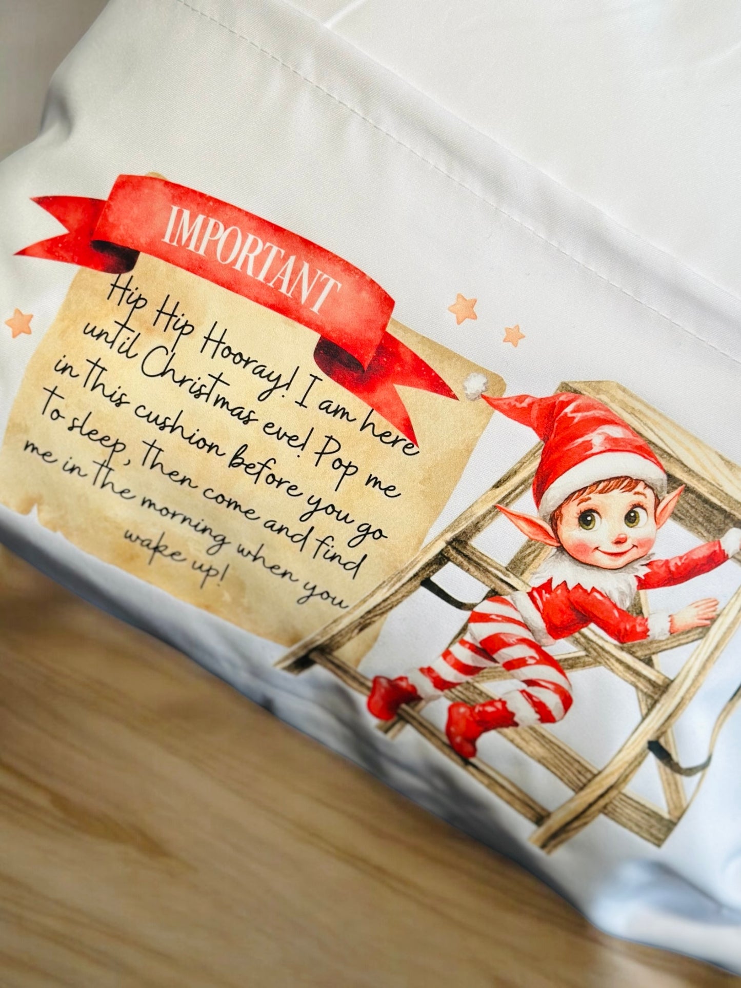 PERSONALISED ELF ARRIVAL CUSHION (insert + cover) 40cm x 40cm