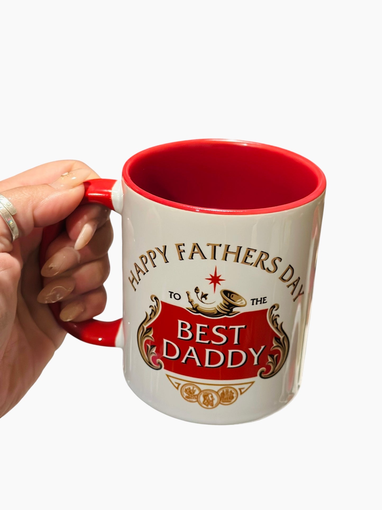 Personalised Father’s Day Mug – Stella Style “Best Daddy / Stellar Dad” Custom Name – 11oz Red & White Coffee Cup – Gift for Dad Beer Lover
