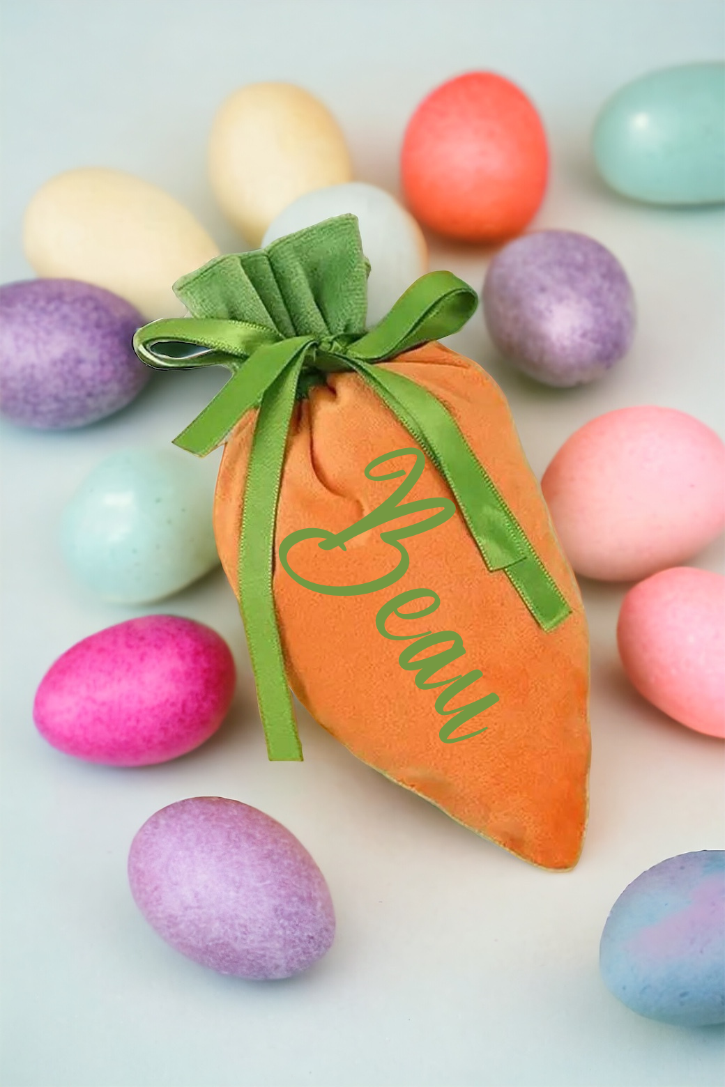 Soft velvet feel personalised easter carrot gift bag