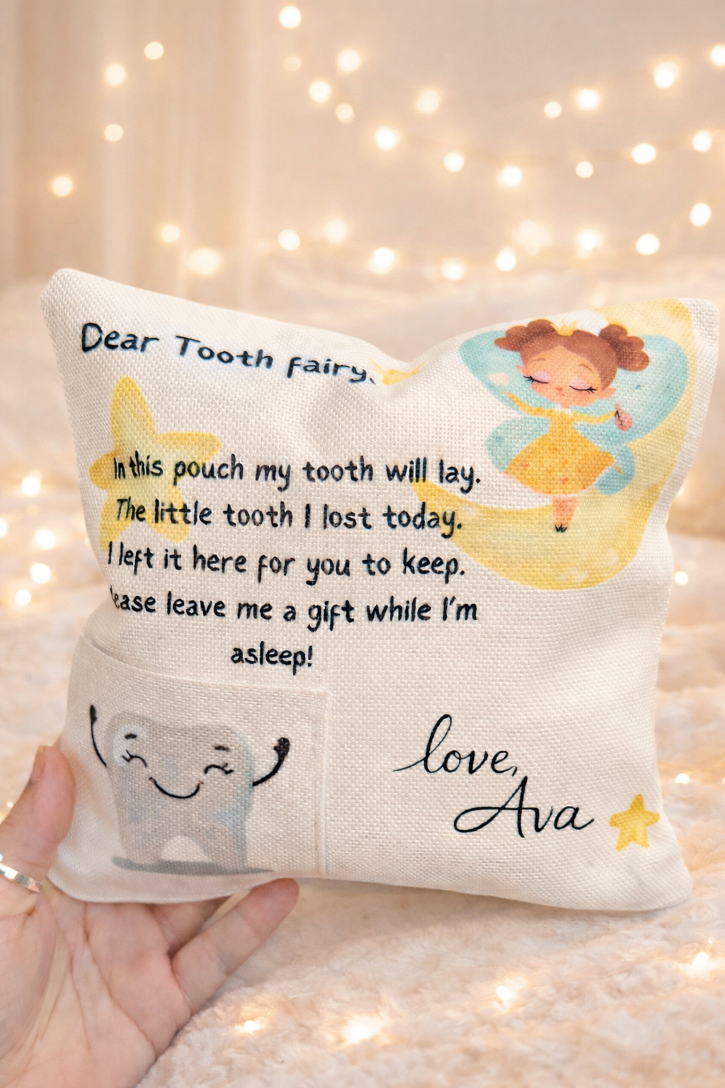Personalised Tooth Fairy Pillow with Tooth Pocket | 8x8 inch Tooth Fairy Cushion