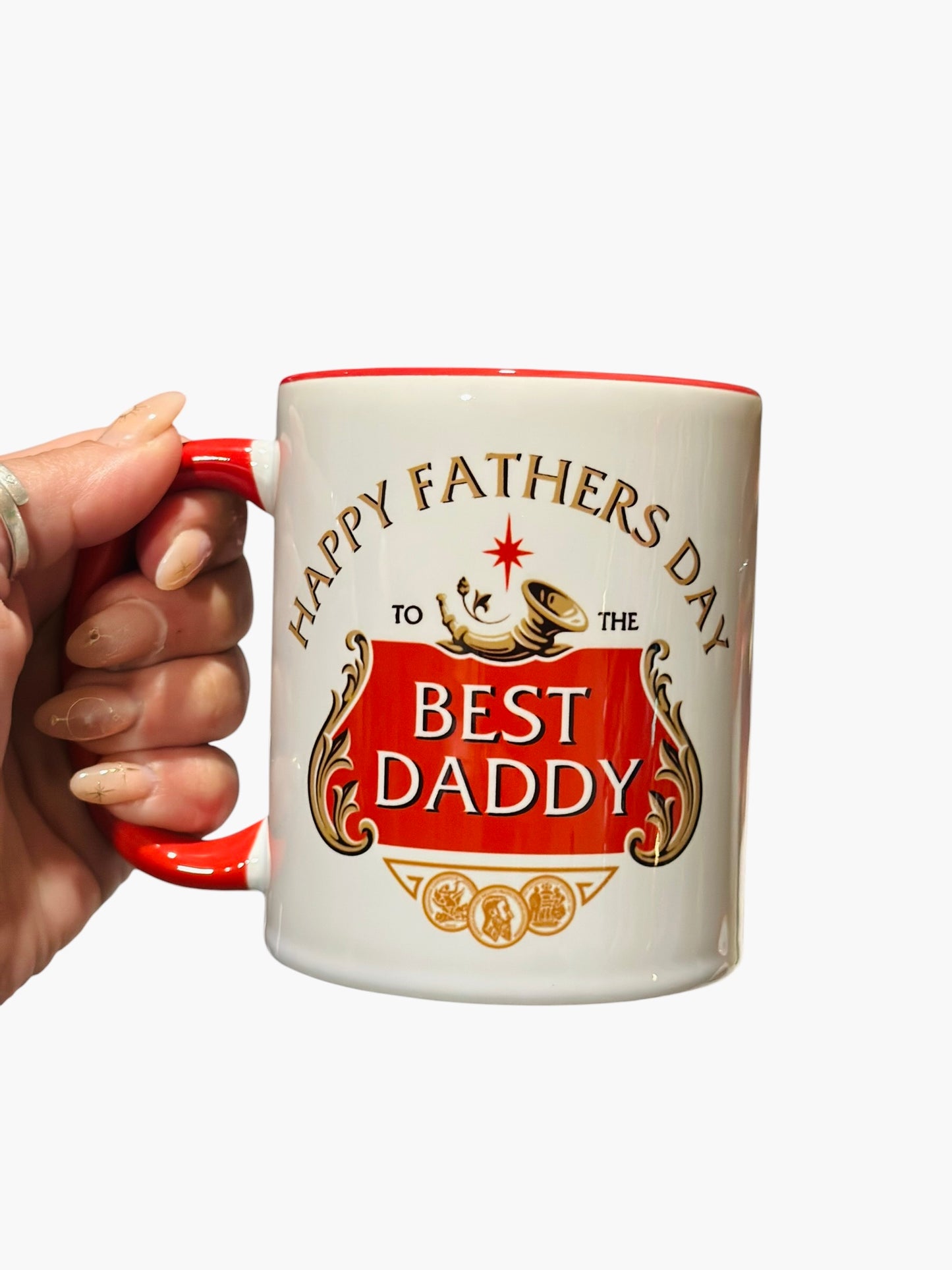 Personalised Father’s Day Mug – Stella Style “Best Daddy / Stellar Dad” Custom Name – 11oz Red & White Coffee Cup – Gift for Dad Beer Lover