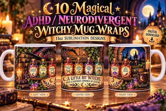 Magical ADHD Mug Wrap Bundle – 10 Sublimation Designs | Funny Neurodivergent Mug Wraps | Digital Download