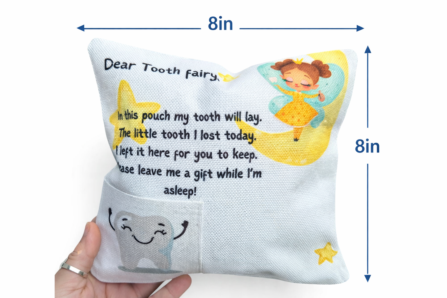 Personalised Tooth Fairy Pillow with Tooth Pocket | 8x8 inch Tooth Fairy Cushion