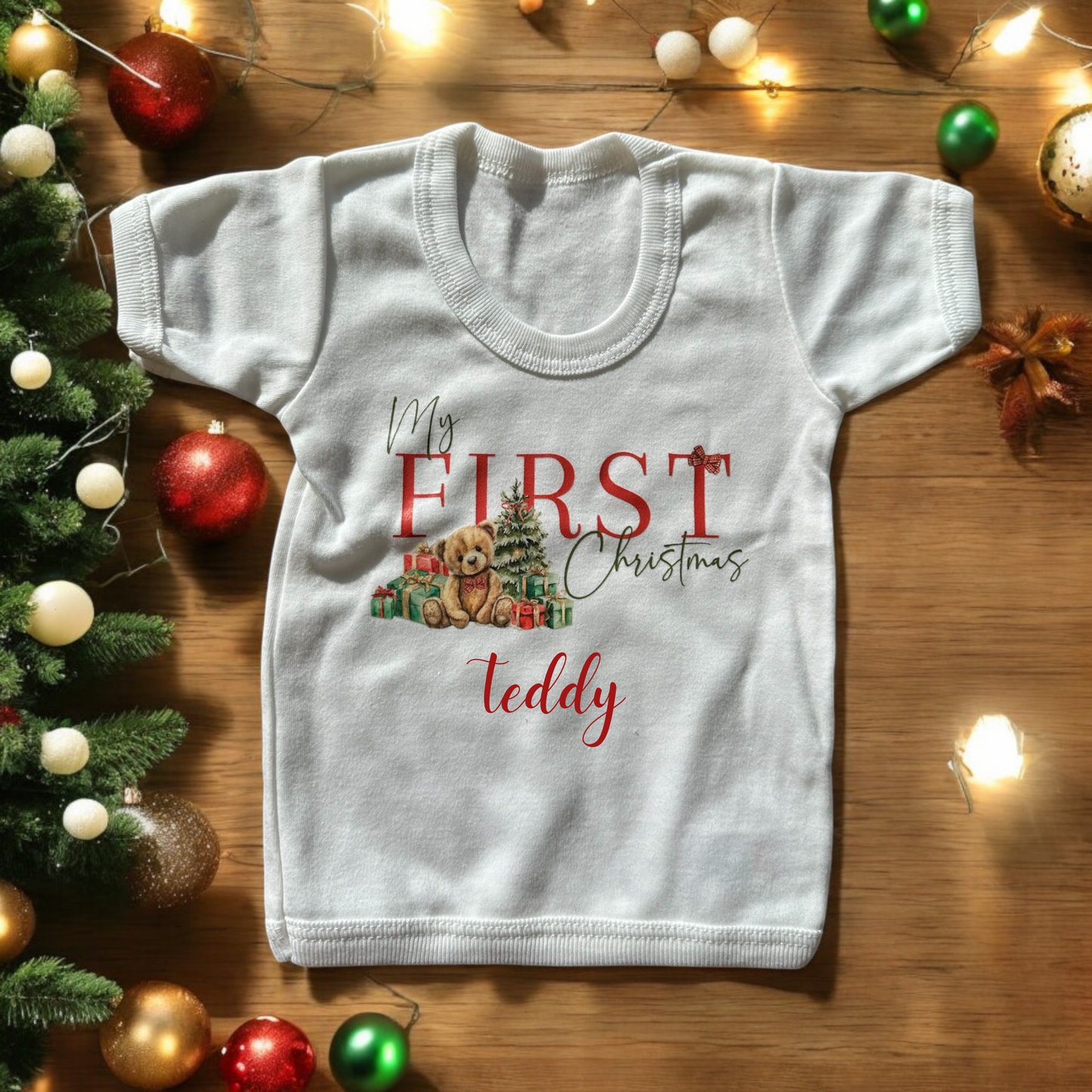 PERSONALISED RED BABY SHORT SLEEVED MY 1ST CHRISTMAS TSHIRT TEDDY DESIGN