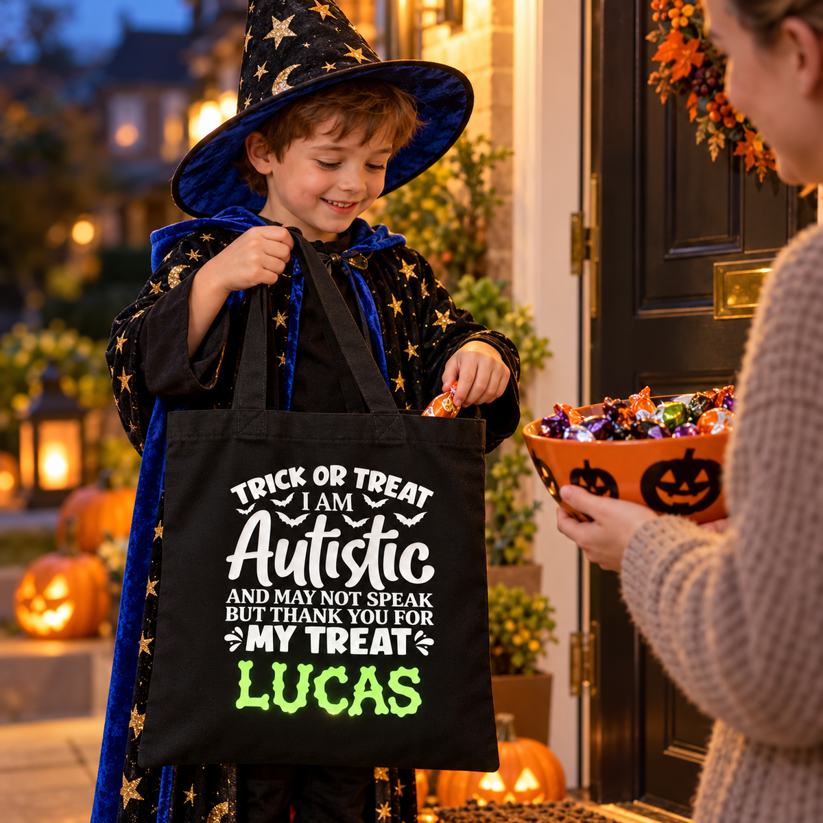 Illustrative mockup of a child in a wizard costume collecting sweets with the personalised autism awareness Halloween bag