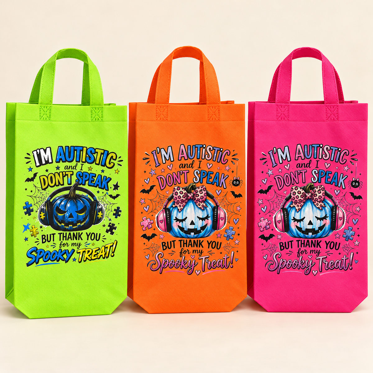 Green, orange and pink autism awareness Halloween bags with headphones pumpkin designs