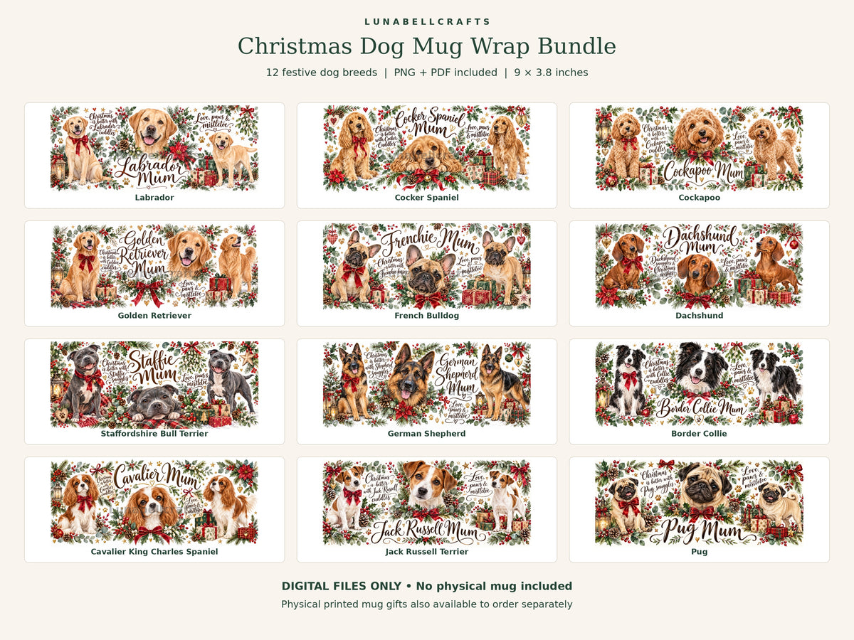 Watermarked preview of Christmas dog mug wrap bundle, PNG and PDF digital files
