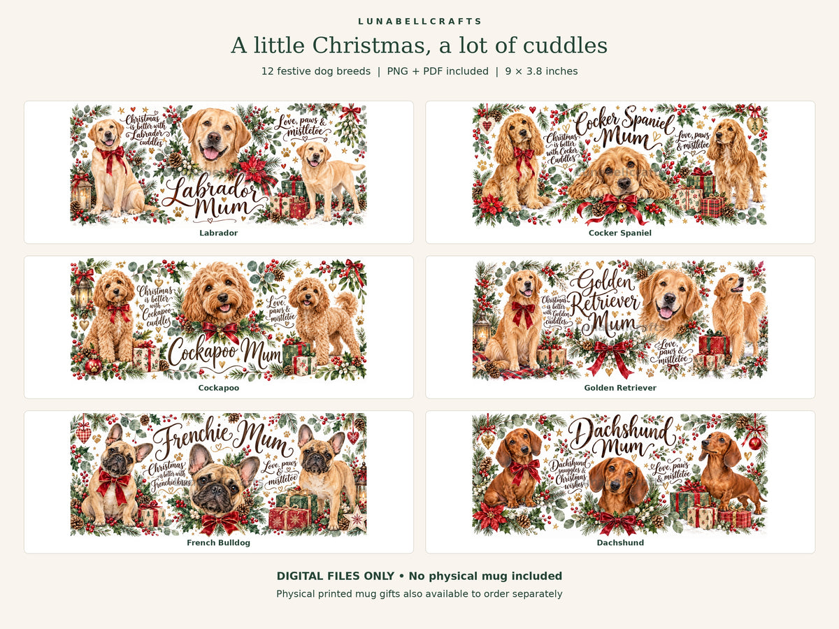 Watermarked preview of Christmas dog mug wrap bundle, PNG and PDF digital files
