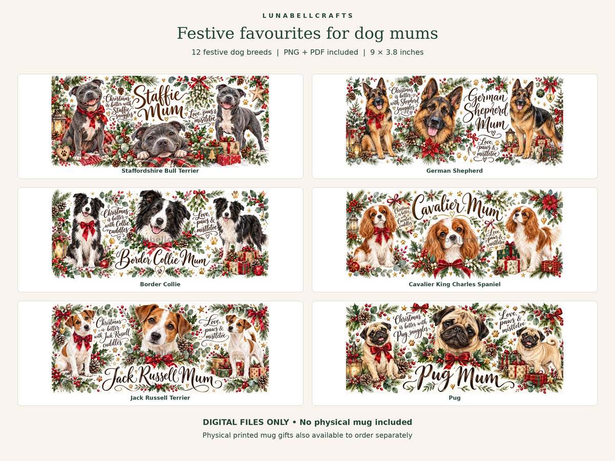 Watermarked preview of Christmas dog mug wrap bundle, PNG and PDF digital files