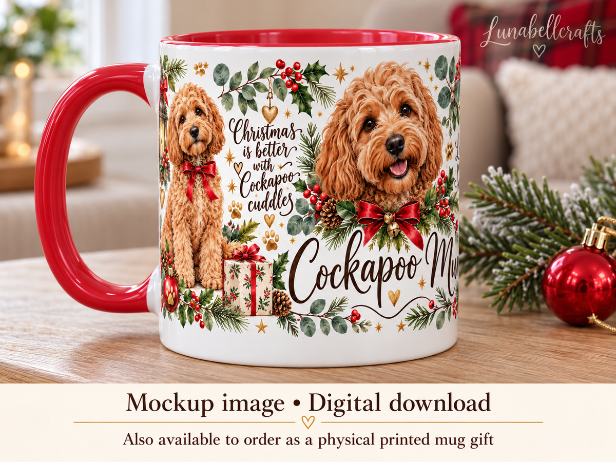 Christmas dog mug mockup; physical mug sold separately