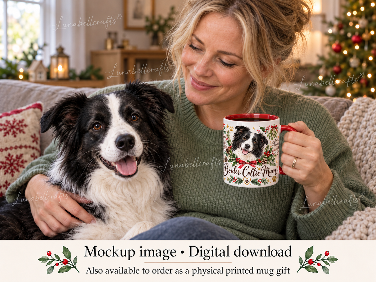 Christmas dog mug mockup; physical mug sold separately