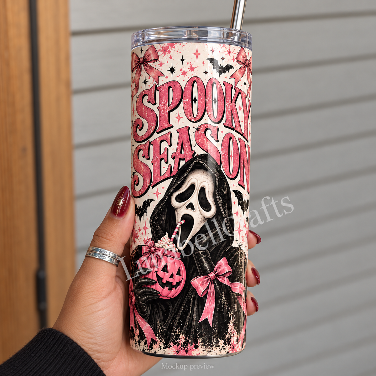Pink Halloween 20oz Thermal Tumbler with Lid & Straw - handheld mockup