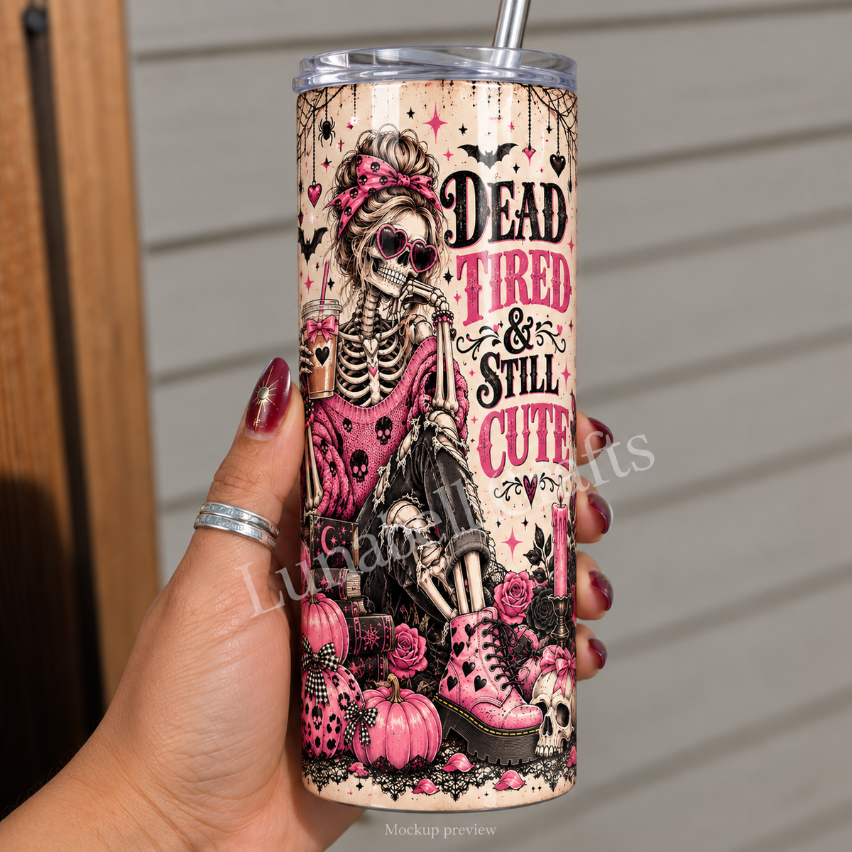 Pink Halloween 20oz Thermal Tumbler with Lid & Straw - handheld mockup