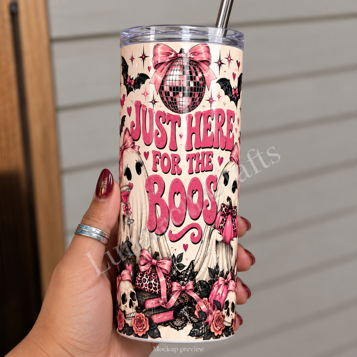 Pink Halloween 20oz Thermal Tumbler with Lid & Straw - handheld mockup