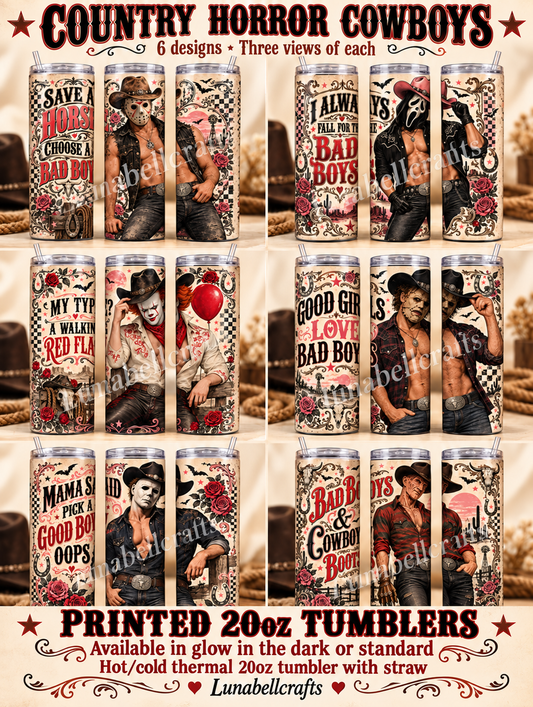 Country Horror Cowboy 20oz Thermal Tumbler with Lid & Straw - six design choices