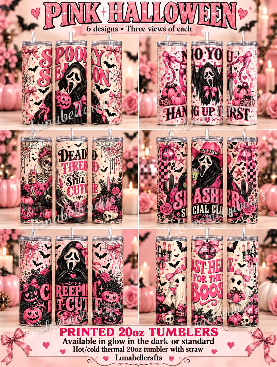 Pink Halloween 20oz Thermal Tumbler with Lid & Straw - six design choices