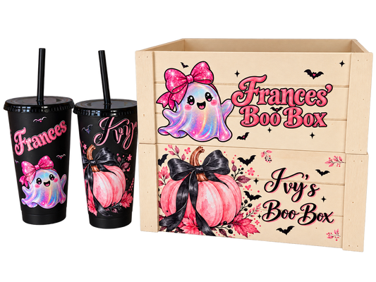 Ghost and pink pumpkin wooden BOO crates with matching cups