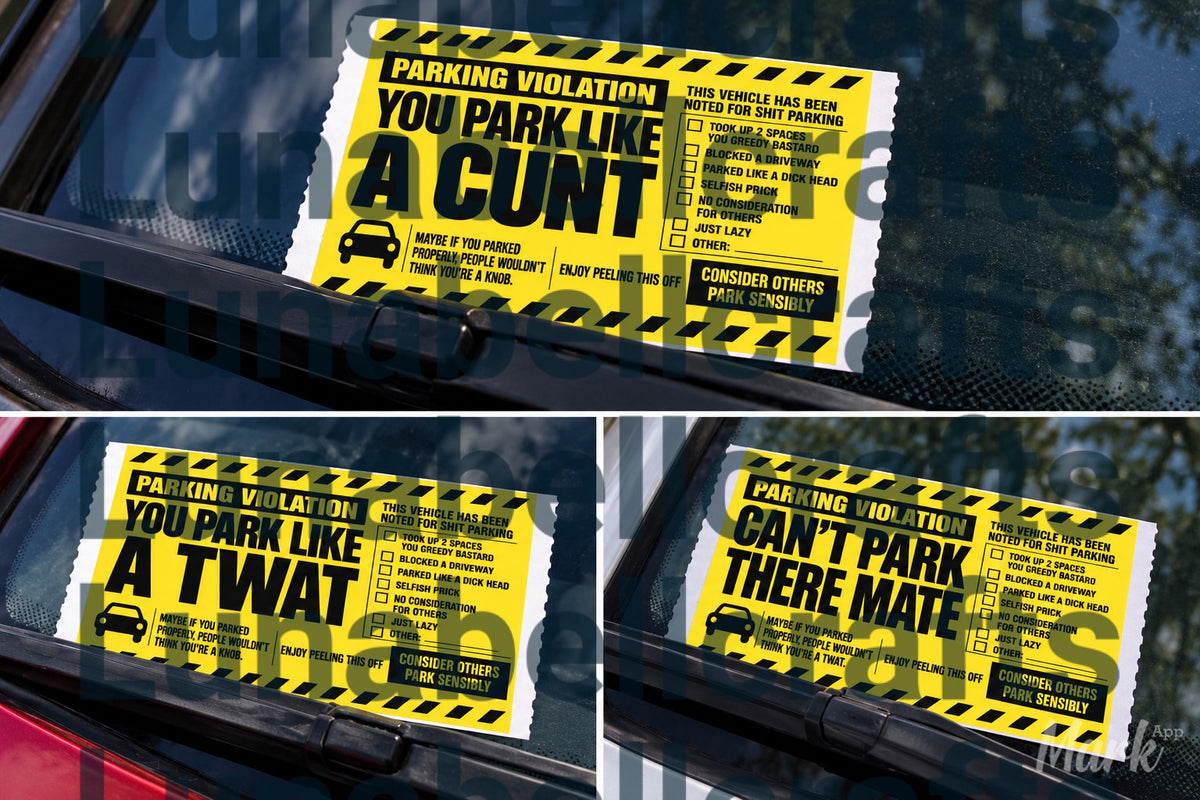 Funny parking violation novelty windscreen label in car
