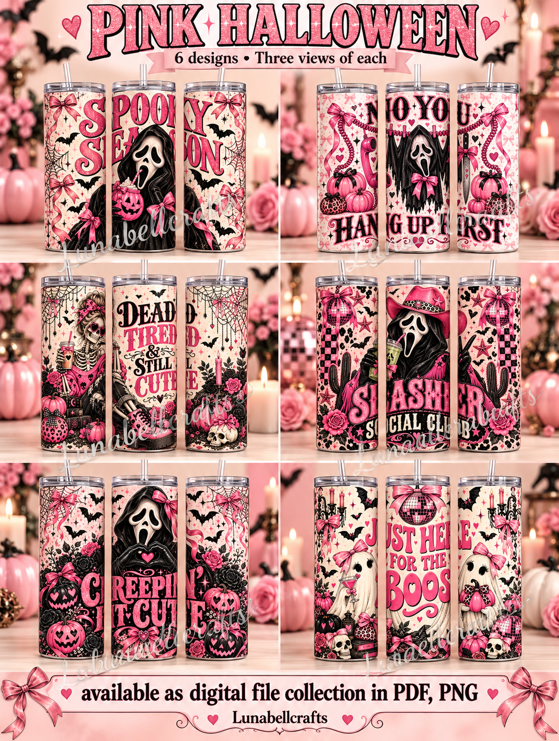 Pink Halloween Tumbler Wrap Collection | 6 Coquette Designs | PDF & PNG Digital Download — illustrative mockups