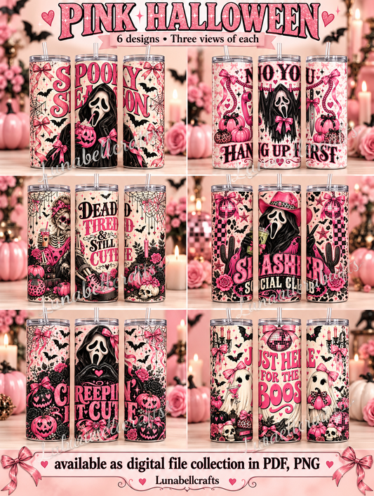 Pink Halloween Tumbler Wrap Collection | 6 Coquette Designs | PDF & PNG Digital Download — illustrative mockups