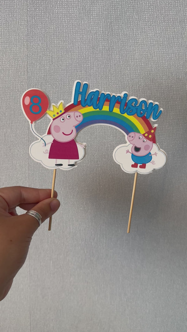 Peppa & George rainbow birthday cake topper with personalised name and ...