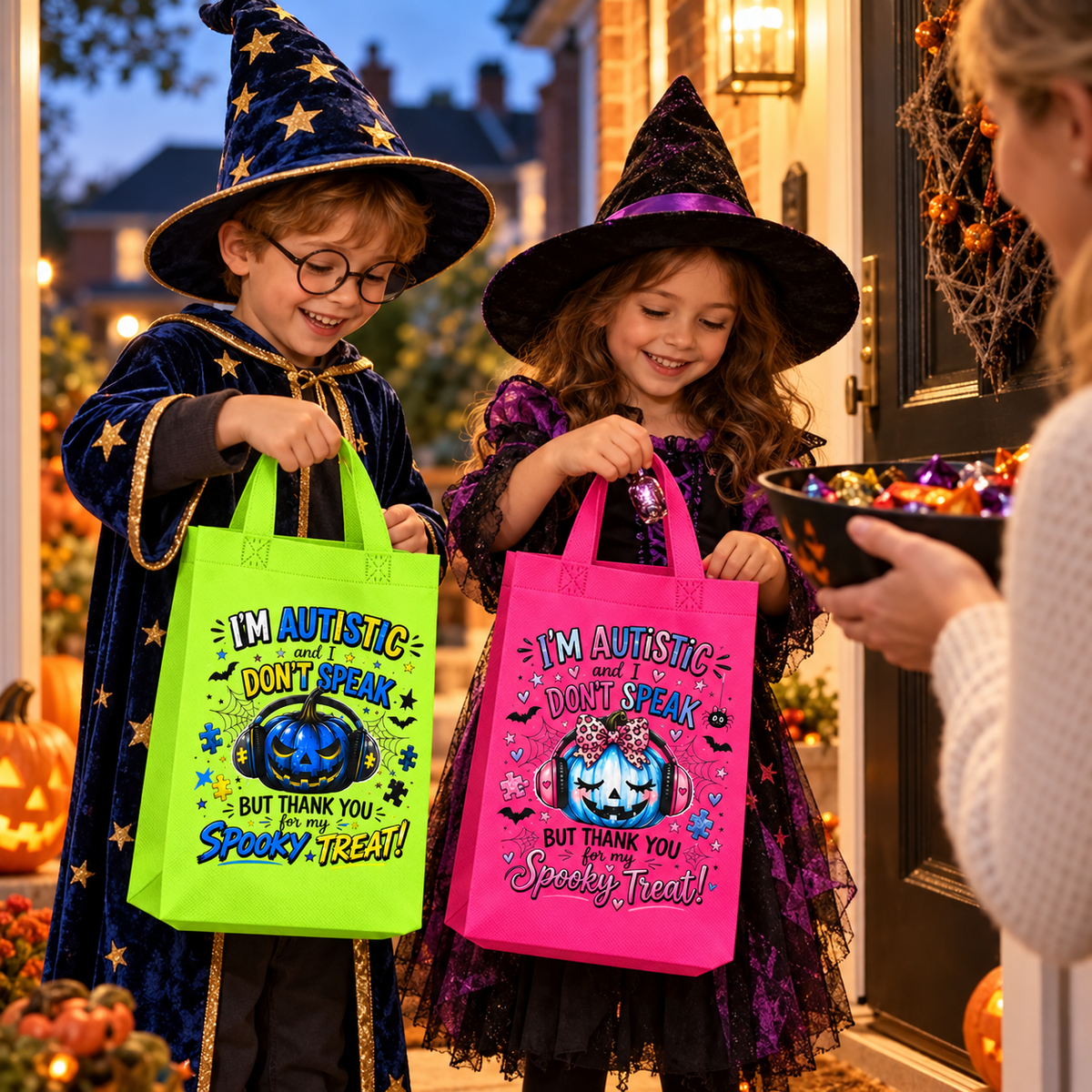 Illustrative Halloween doorstep mockup of children collecting sweets with green and pink autism awareness bags
